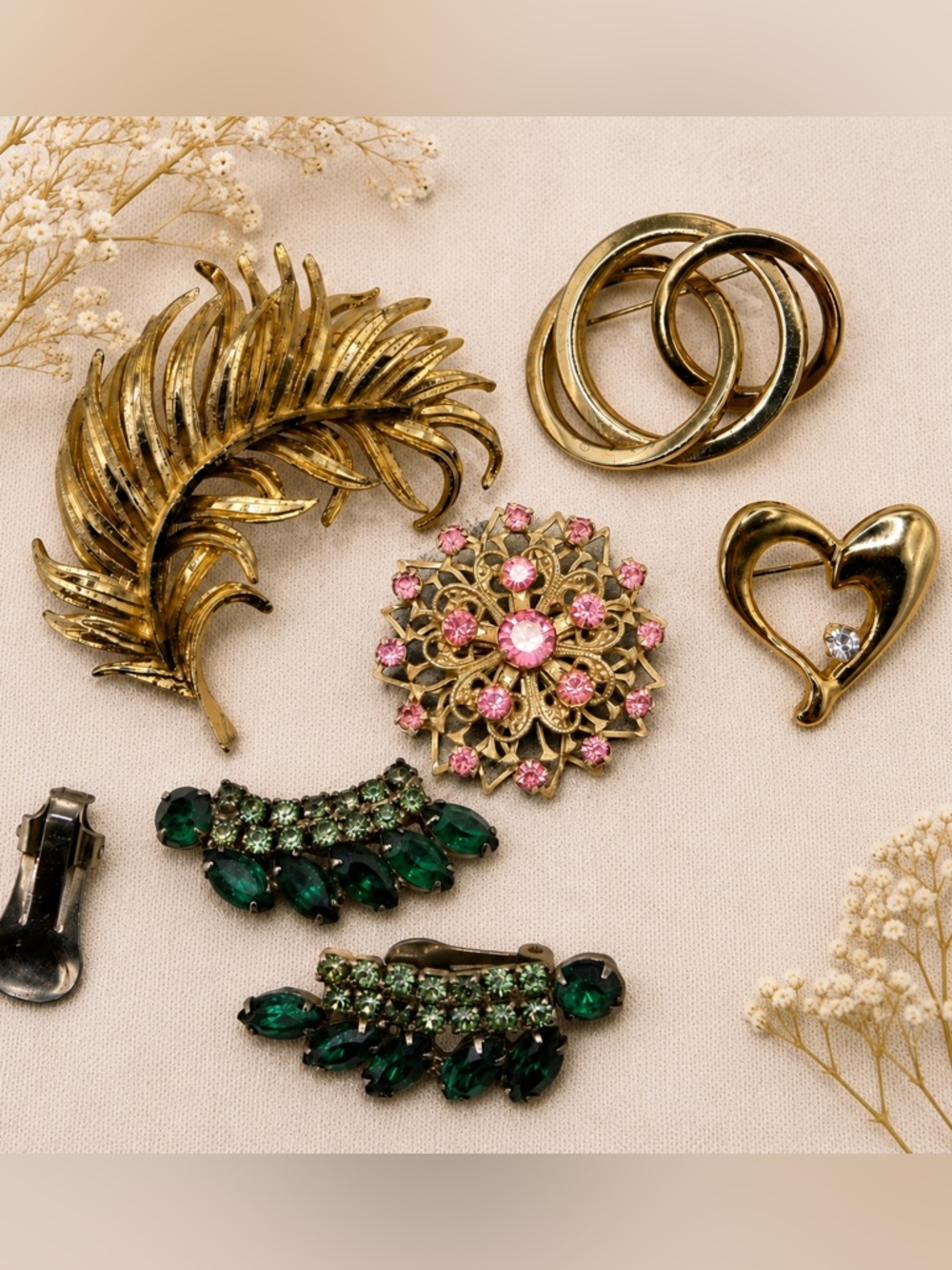 Vintage BSK Feather Brooch Gold Tone Rhinestone Pin Lot Pink Green Set
